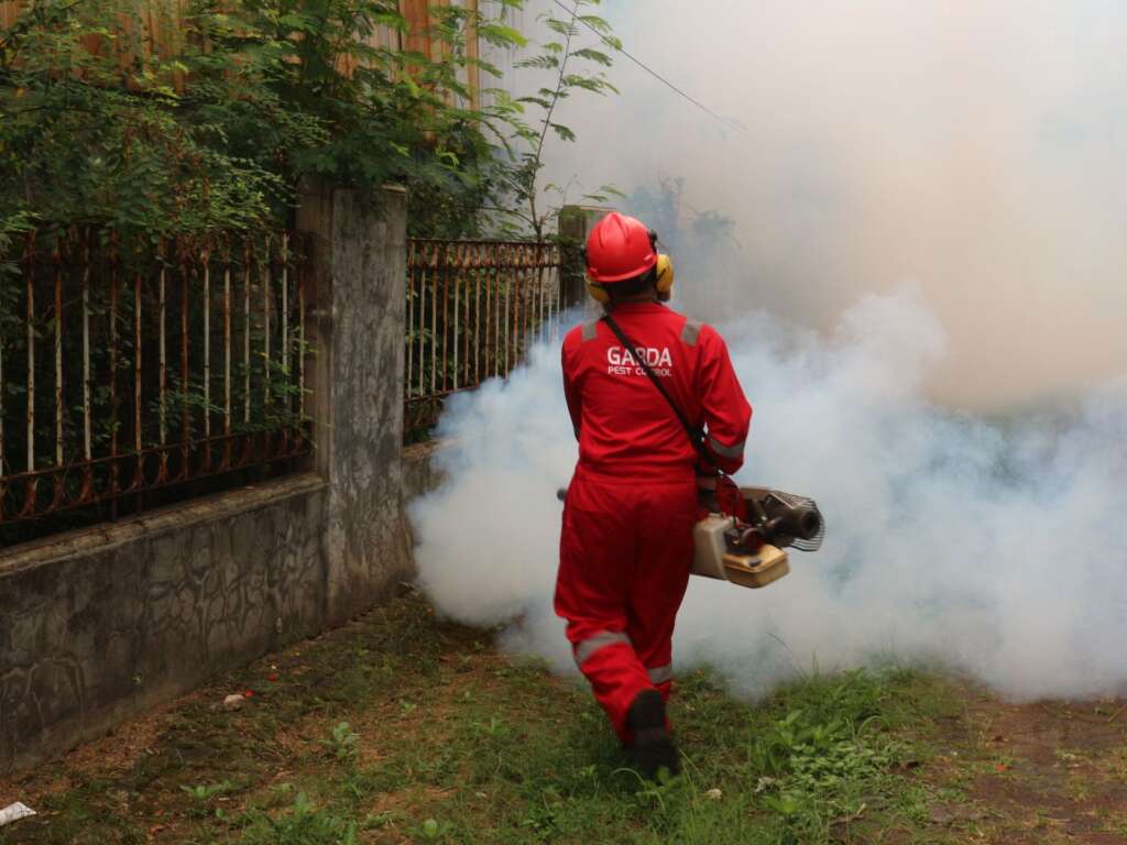 Pest control technician fogging a residential yard
